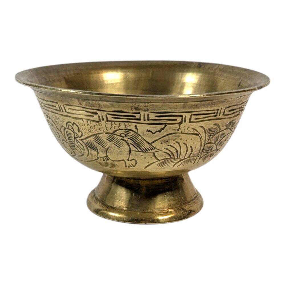 Antique Brass Bowl Footed Pedestal Chinese Hand Engraved Buddist 5 Inch Diameter